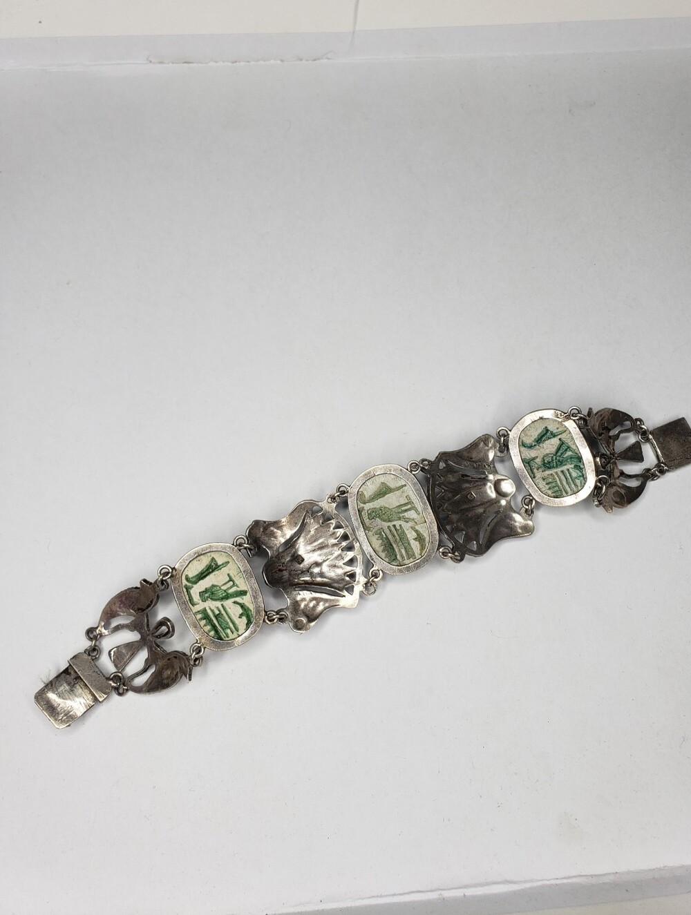Vintage Sterling Silver Scarab Stone Link Bracelet - Picture 2 of 4